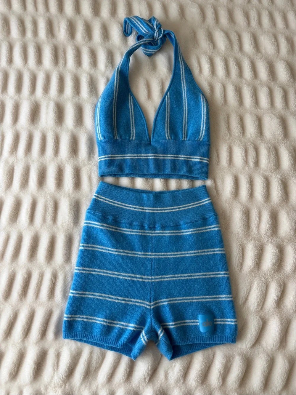 Alo Yoga Cashmere Mini Stripe Halter Top & Shorts Set in Azure Blue/White